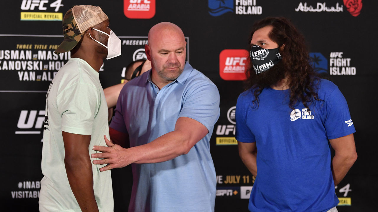 ABU DHABI, UNITED ARAB EMIRATES - JULY 10: (L-R) Opponents Kamaru Usman of Nigeria and Jorge Masvidal face off during the UFC 251 official weigh-in inside Flash Forum at UFC Fight Island on July 10, 2020 on Yas Island Abu Dhabi, United Arab Emirates.