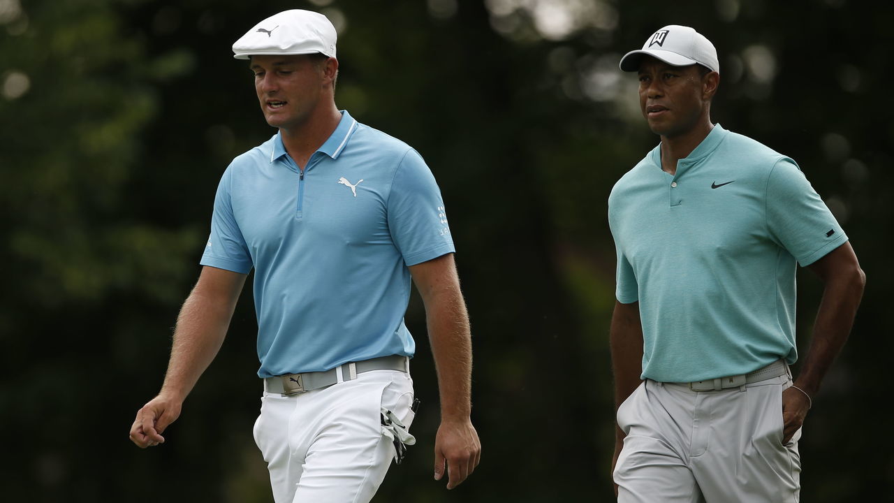 DUBLIN, OH - MAY 30: Bryson DeChambeau and Tiger Woods during The Memorial Tournament Presented by Nationwide at Muirfield Village Golf Club on May 30, 2019 in Dublin, Ohio.