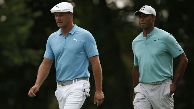 DUBLIN, OH - MAY 30: Bryson DeChambeau and Tiger Woods during The Memorial Tournament Presented by Nationwide at Muirfield Village Golf Club on May 30, 2019 in Dublin, Ohio.