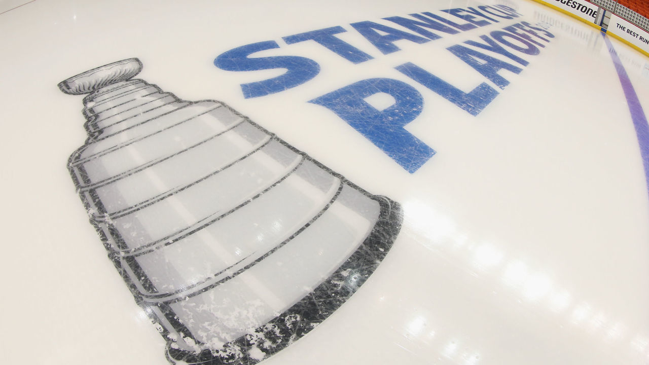 NEW YORK, NEW YORK - APRIL 28: A general view of the in-ice logo prior to the game between the New York Islanders and the Carolina Hurricanes in Game Two of the Eastern Conference Second Round during the 2019 NHL Stanley Cup Playoffs at the Barclays Center on April 28, 2019 in the Brooklyn borough of New York City.