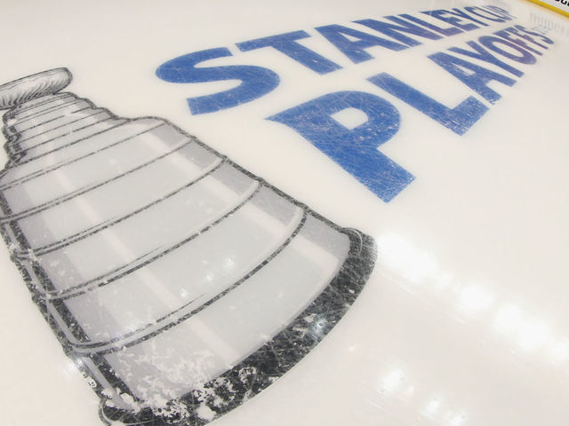 NEW YORK, NEW YORK - APRIL 28: A general view of the in-ice logo prior to the game between the New York Islanders and the Carolina Hurricanes in Game Two of the Eastern Conference Second Round during the 2019 NHL Stanley Cup Playoffs at the Barclays Center on April 28, 2019 in the Brooklyn borough of New York City.