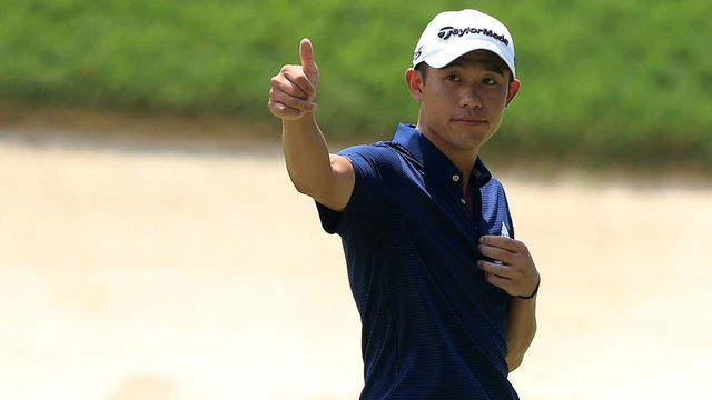 DUBLIN, OHIO - JULY 10: Collin Morikawa of the United States reacts on the ninth green during the second round of the Workday Charity Open on July 10, 2020 at Muirfield Village Golf Club in Dublin, Ohio.