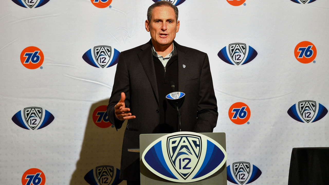SANTA CLARA, CALIFORNIA - DECEMBER 06: Pac-12 Commissioner Larry Scott at the pre-game press conference before the Pac-12 Championship football game between the Oregon Ducks and the Utah Utes at Levi's Stadium on December 6, 2019 in Santa Clara, California. The Oregon Ducks won 37-15. (Alika Jenner/Getty Images)