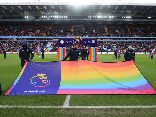 BIRMINGHAM, ENGLAND - DECEMBER 08: A rainbow-coloured flag in support of the Stonewall campaign is displayed before the Premier League match between Aston Villa and Leicester City at Villa Park on December 8, 2019 in Birmingham, United Kingdom.