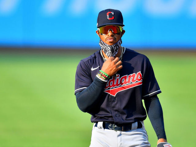 CLEVELAND, OHIO - JULY 09: Francisco Lindor #12 of the Cleveland Indians warms up on the field wearing a face mask prior to an intrasquad game during summer workouts at Progressive Field on July 09, 2020 in Cleveland, Ohio.