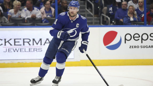 TAMPA, FL - FEBRUARY 25: Tampa Bay Lightning center Steven Stamkos (91) skates during the NHL game between the Toronto Maple Leafs and Tampa Bay Lightning on February 25, 2020 at Amalie Arena in Tampa, FL.