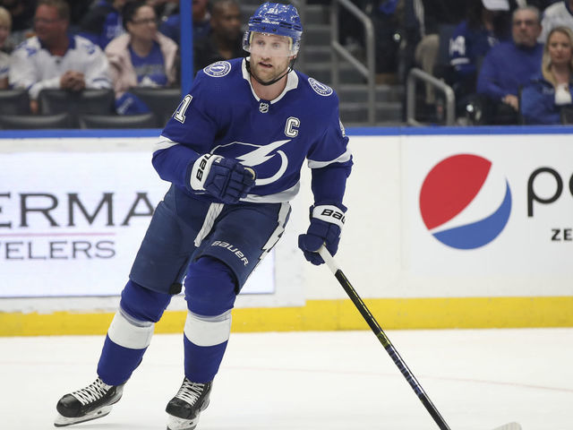 TAMPA, FL - FEBRUARY 25: Tampa Bay Lightning center Steven Stamkos (91) skates during the NHL game between the Toronto Maple Leafs and Tampa Bay Lightning on February 25, 2020 at Amalie Arena in Tampa, FL.