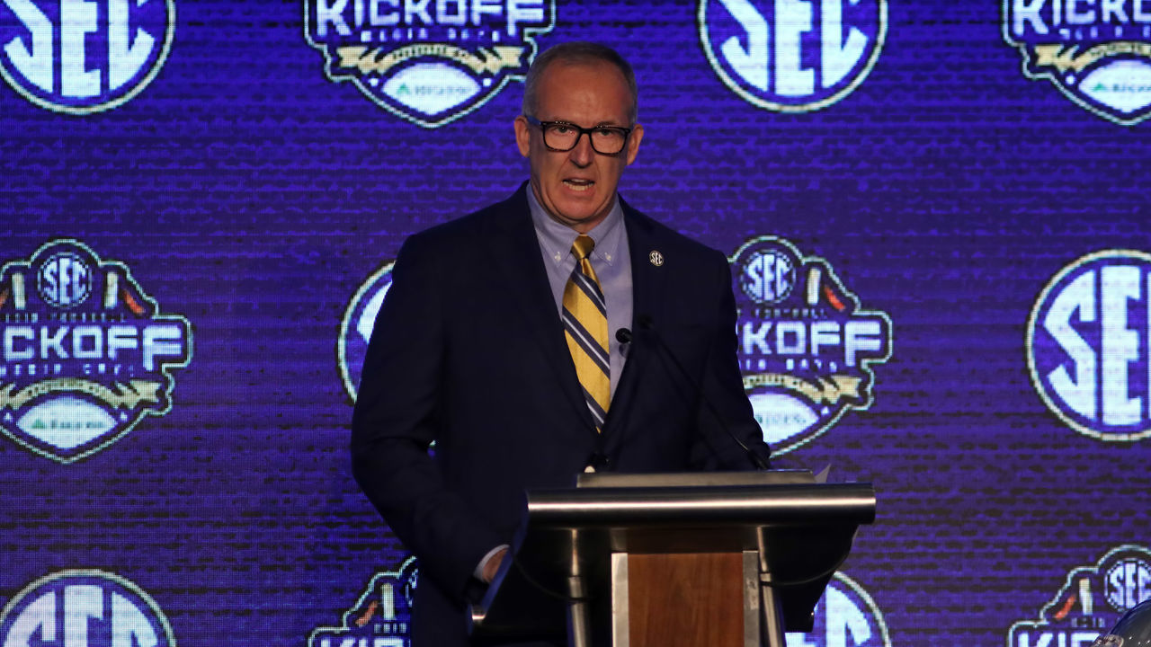 HOOVER, AL - JULY 15: SEC Commissioner Greg Sankey addresses the media at the 2019 SEC Football Media Days on July 15, 2019 at The Wynfrey Hotel in Hoover, Alabama.