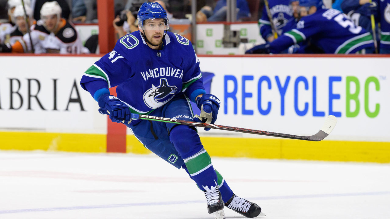 VANCOUVER, BC - MARCH 26: Vancouver Canucks Left Wing Sven Baertschi (47) skates up ice during their NHL game against the Anaheim Ducks at Rogers Arena on March 26, 2019 in Vancouver, British Columbia, Canada. Anaheim won 5-4.