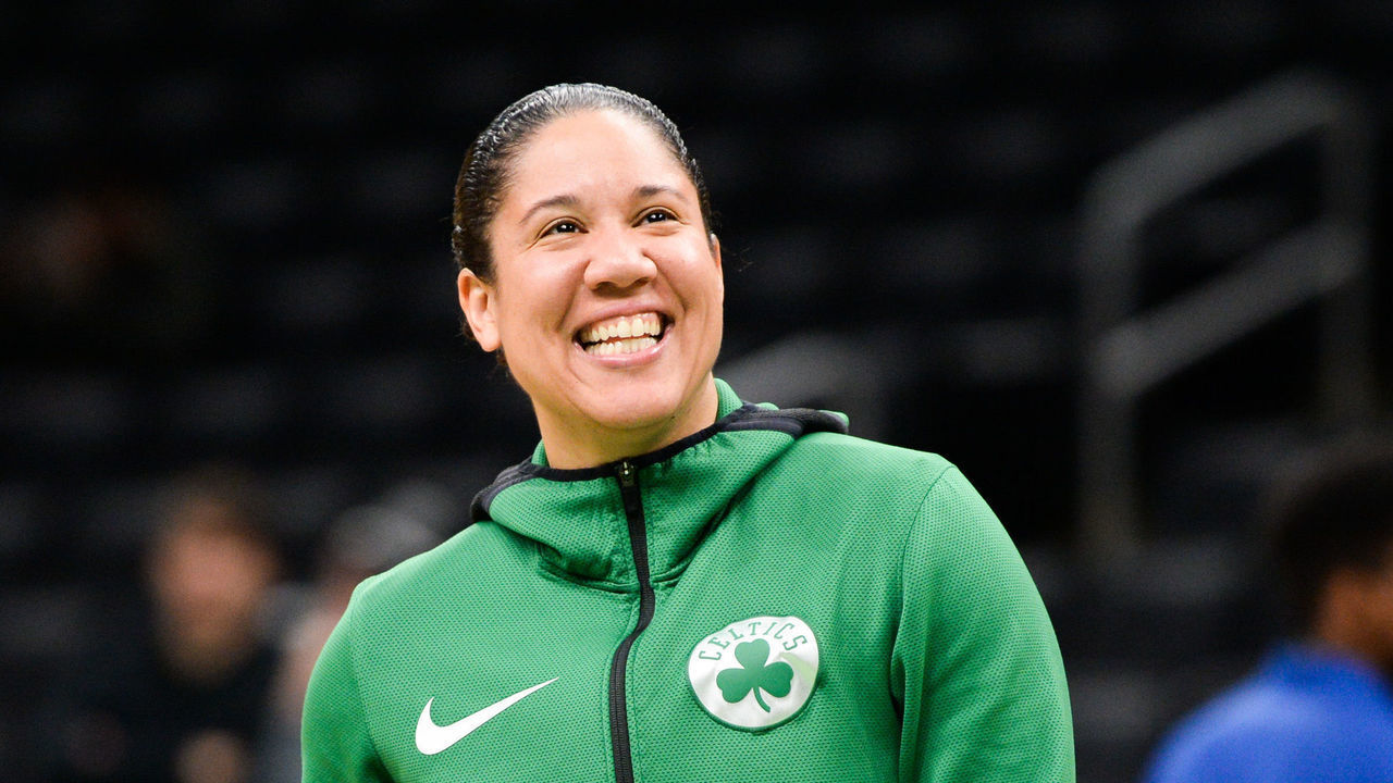 BOSTON, MA - NOVEMBER 13: Assistant coach Kara Lawson of the Boston Celtics looks on during warm-ups prior to the start of the game against the Washington Wizards at TD Garden on November 13, 2019 in Boston, Massachusetts.