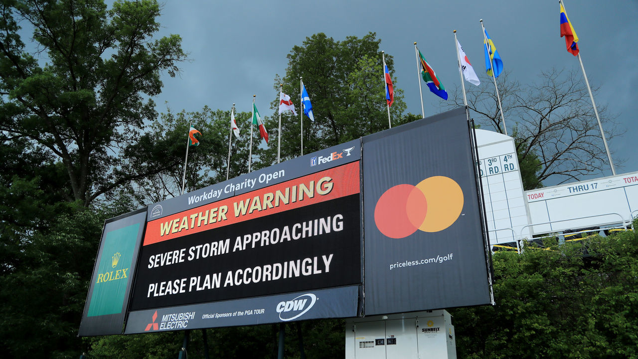 DUBLIN, OHIO - JULY 10: A leaderboard displays a message indicating an approaching storm during the second round of the Workday Charity Open on July 10, 2020 at Muirfield Village Golf Club in Dublin, Ohio.