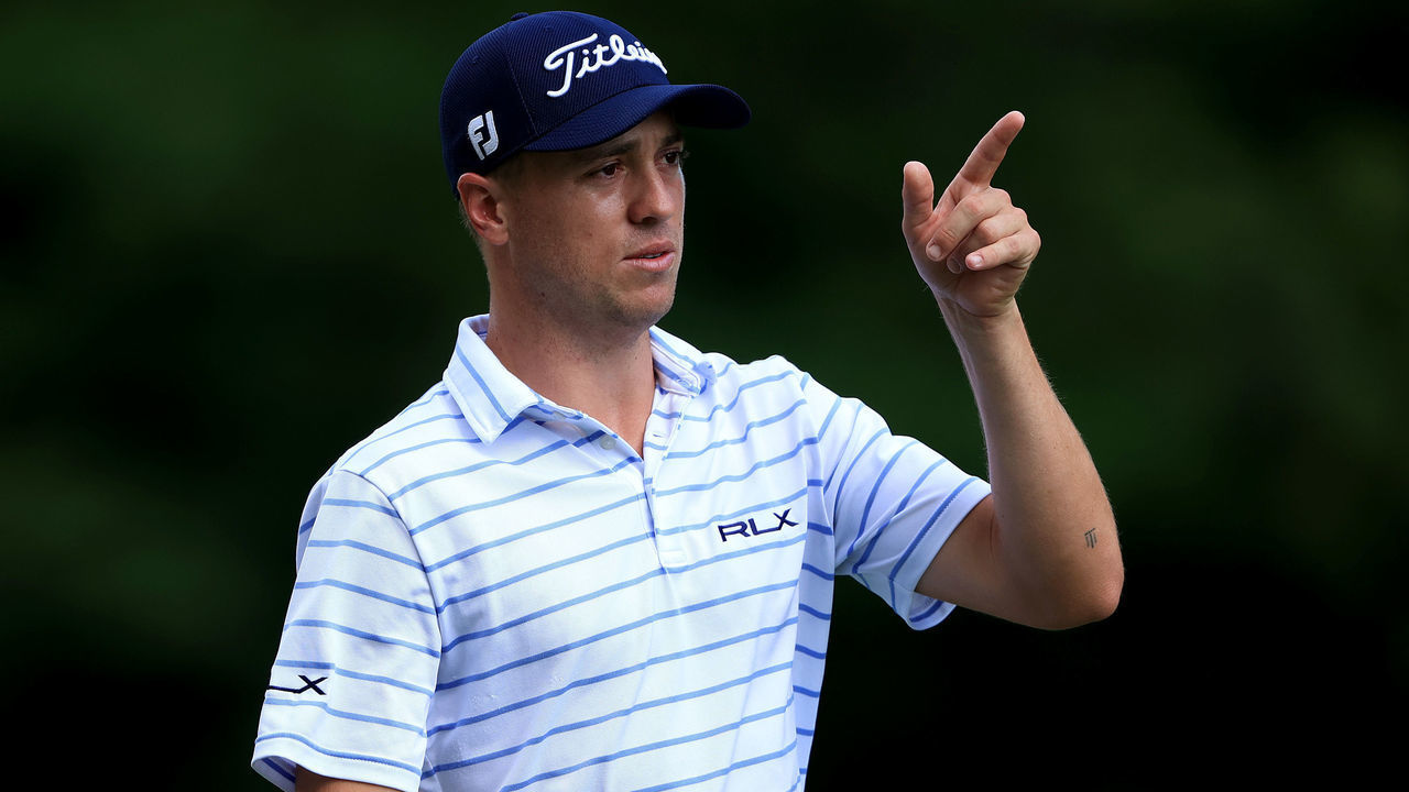 DUBLIN, OHIO - JULY 11: Justin Thomas of the United States points on the 15th hole during the third round of the Workday Charity Open on July 11, 2020 at Muirfield Village Golf Club in Dublin, Ohio.