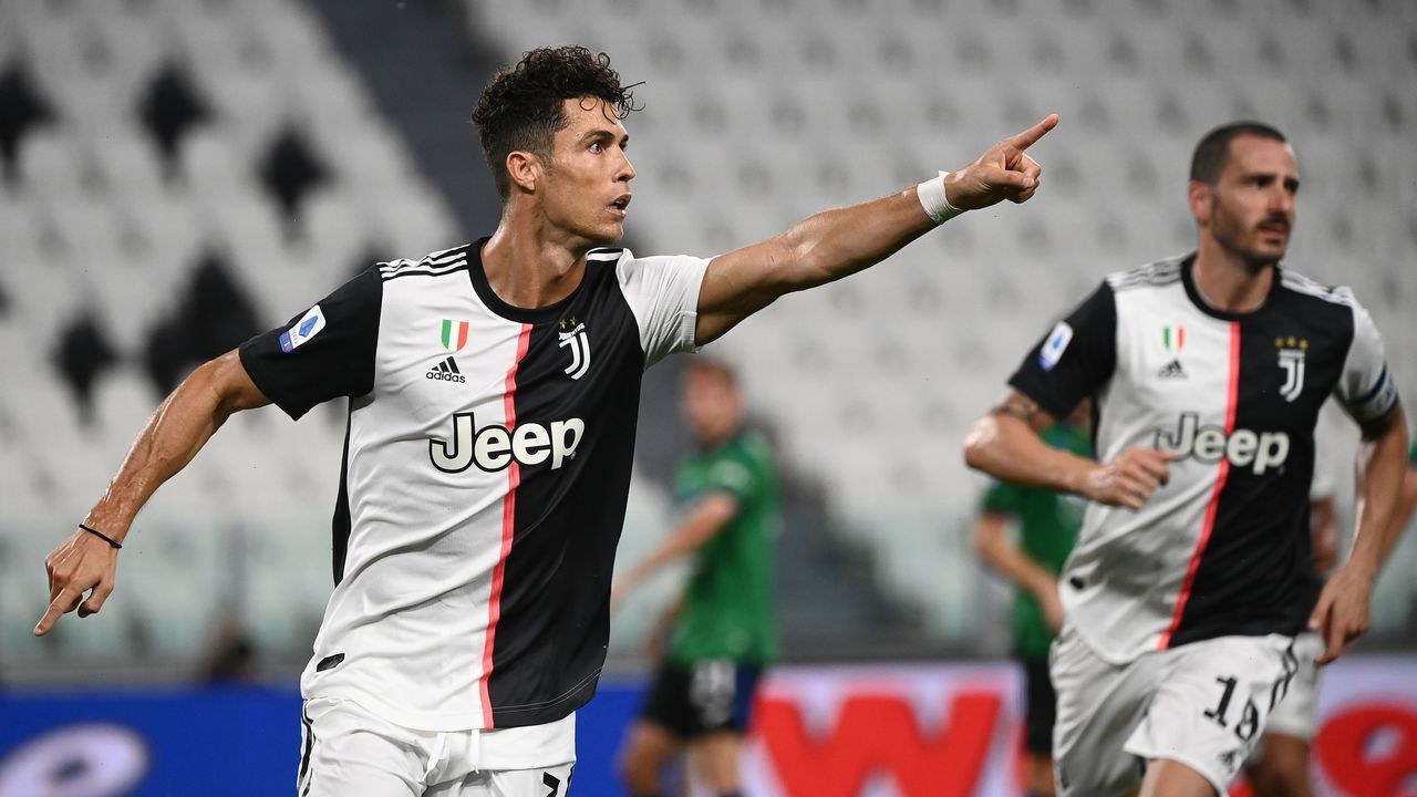 Juventus' Portuguese forward Cristiano Ronaldo celebrates after scoring a penalty during the Italian Serie A football match Juventus Turin vs Atalanta Bergamo played behind closed doors on July 11, 2020 at the Juventus stadium in Turin, as the country eases its lockdown aimed at curbing the spread of the COVID-19 infection, caused by the novel coronavirus.
