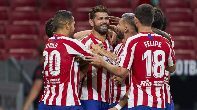 MADRID, SPAIN - JULY 11: Diego Costa of Club Atletico de Madrid celebrates with teammates after scoring his team's first goal during the Liga match between Club Atletico de Madrid and Real Betis Balompie at Wanda Metropolitano on July 11, 2020 in Madrid, Spain. Football Stadiums around Europe remain empty due to the Coronavirus Pandemic as Government social distancing laws prohibit fans inside venues resulting in all fixtures being played behind closed doors.