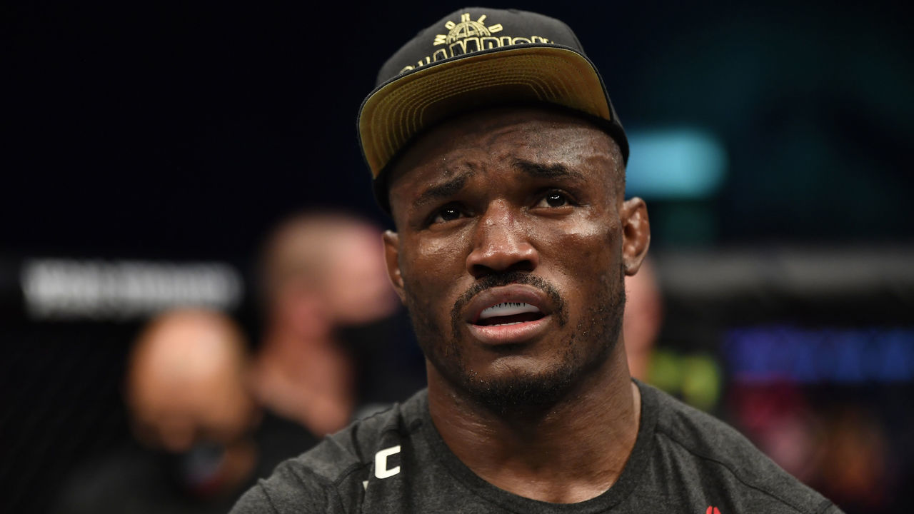 ABU DHABI, UNITED ARAB EMIRATES - JULY 12: Kamaru Usman of Nigeria reacts after his victory over Jorge Masvidal in their UFC welterweight championship fight during the UFC 251 event at Flash Forum on UFC Fight Island on July 12, 2020 on Yas Island, Abu Dhabi, United Arab Emirates.