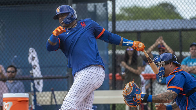Port St. Lucie, Fl.: New York Mets outfielder Yoenis Cespedes takes live batting practice during a spring training workout at Clover Park in Port St. Lucie, Florida on February 19, 2020.