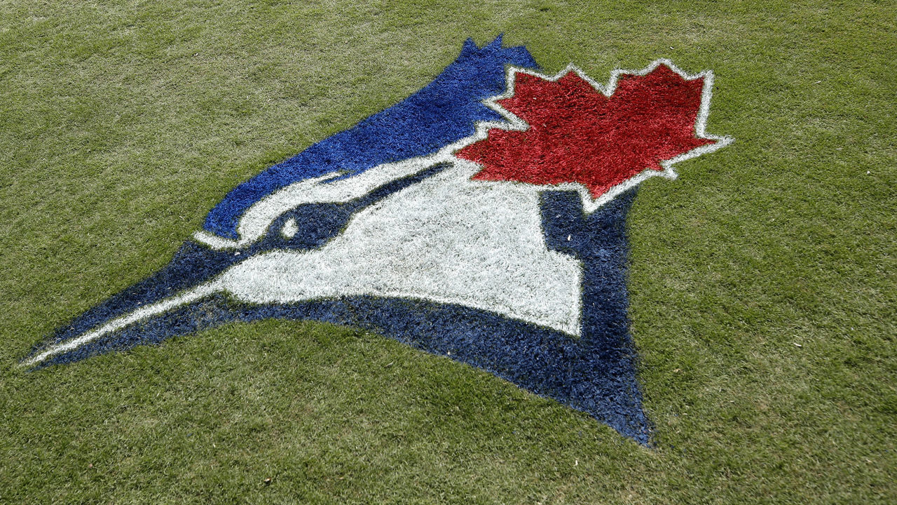 DUNEDIN, FL - FEBRUARY 24: General view of the Toronto Blue Jays logo painted in the grass prior to a Grapefruit League spring training game against the Atlanta Braves at TD Ballpark on February 24, 2020 in Dunedin, Florida.