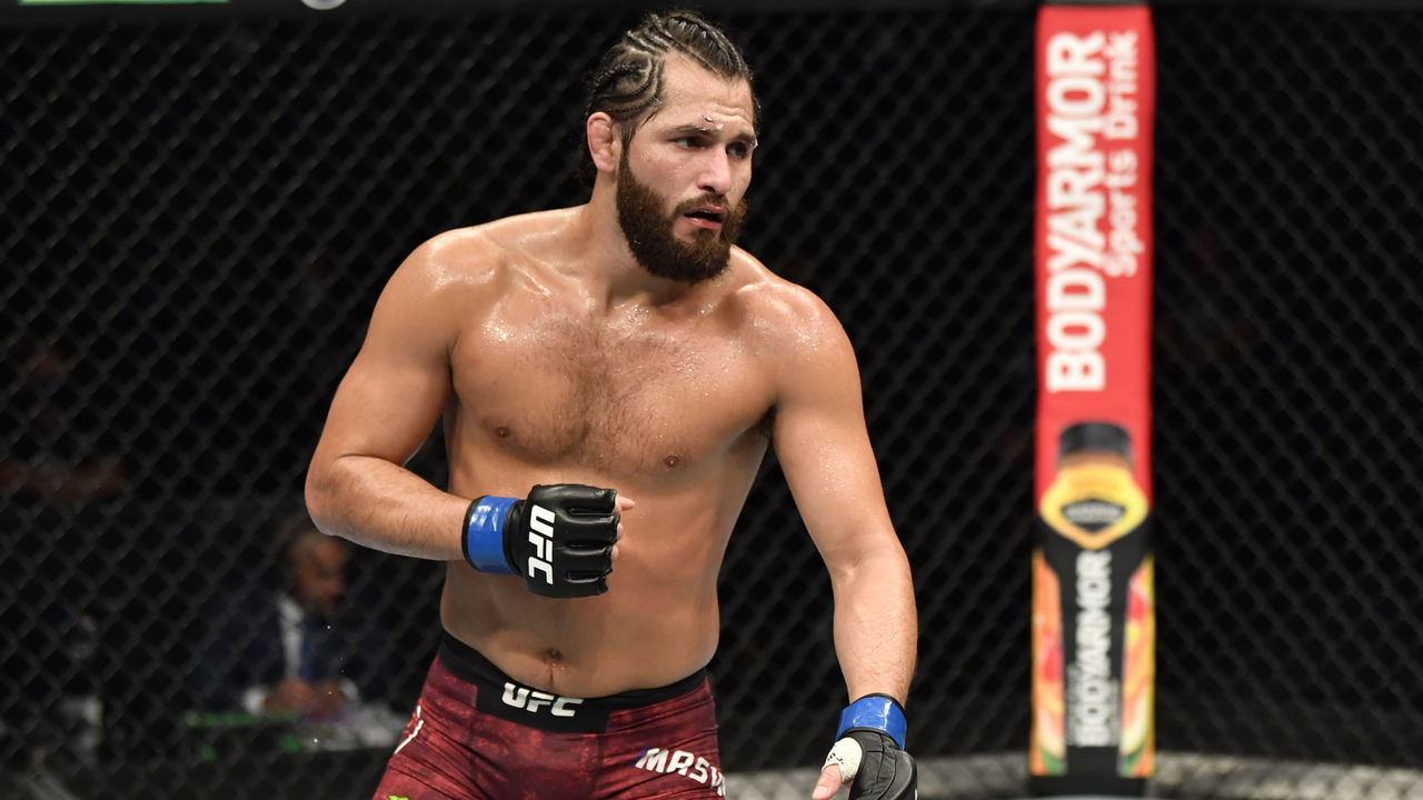 ABU DHABI, UNITED ARAB EMIRATES - JULY 12: Jorge Masvidal battles Kamaru Usman in their UFC welterweight championship fight during the UFC 251 event at Flash Forum on UFC Fight Island on July 12, 2020 on Yas Island, Abu Dhabi, United Arab Emirates.