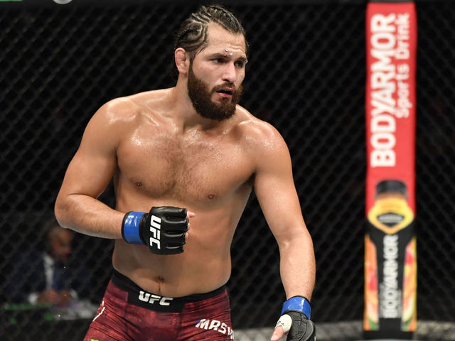 ABU DHABI, UNITED ARAB EMIRATES - JULY 12: Jorge Masvidal battles Kamaru Usman in their UFC welterweight championship fight during the UFC 251 event at Flash Forum on UFC Fight Island on July 12, 2020 on Yas Island, Abu Dhabi, United Arab Emirates.