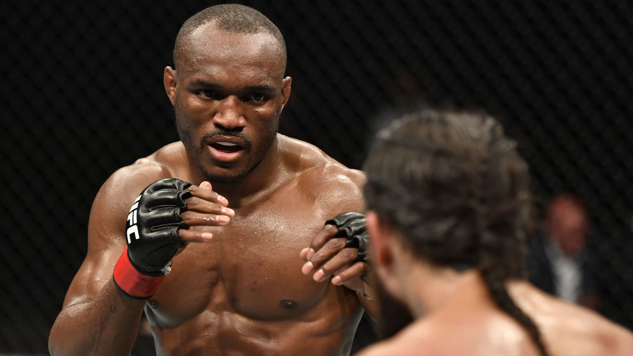ABU DHABI, UNITED ARAB EMIRATES - JULY 12: (L-R) Kamaru Usman of Nigeria battles Jorge Masvidal in their UFC welterweight championship fight during the UFC 251 event at Flash Forum on UFC Fight Island on July 12, 2020 on Yas Island, Abu Dhabi, United Arab Emirates.