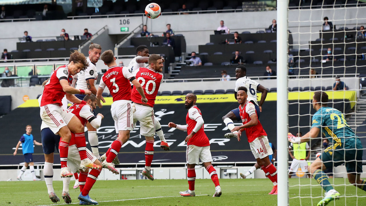 LONDON, ENGLAND - JULY 12: Toby Alderweireld of Tottenham Hotspur scores his sides second goal during the Premier League match between Tottenham Hotspur and Arsenal FC at Tottenham Hotspur Stadium on July 12, 2020 in London, England. Football Stadiums around Europe remain empty due to the Coronavirus Pandemic as Government social distancing laws prohibit fans inside venues resulting in all fixtures being played behind closed doors.