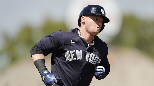 JUPITER, FLORIDA - MARCH 11: Clint Frazier #77 of the New York Yankees at bat against the Miami Marlins during a Grapefruit League spring training at Roger Dean Stadium on March 11, 2020 in Jupiter, Florida.