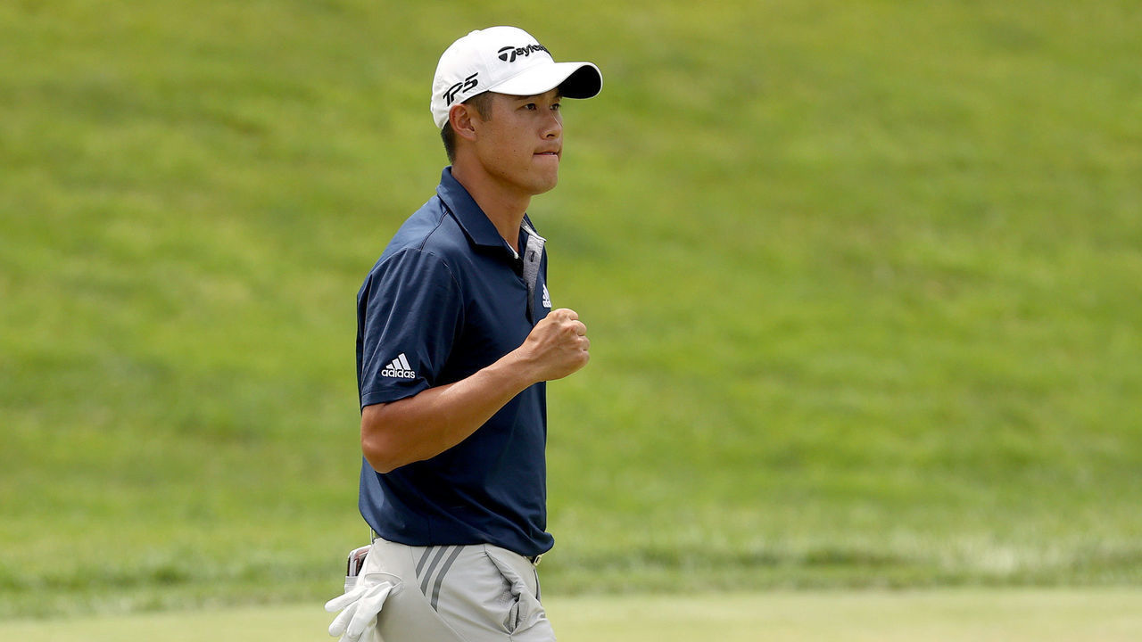 DUBLIN, OHIO - JULY 12: Collin Morikawa of the United States reacts to his putt on the 18th green during the first playoff hole in the final round of the Workday Charity Open on July 12, 2020 at Muirfield Village Golf Club in Dublin, Ohio.