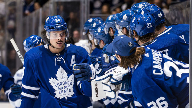 TORONTO, ON - MARCH 10: Auston Matthews #34 of the Toronto Maple Leafs celebrates after scoring against the Tampa Bay Lightning during the third period at the Scotiabank Arena on March 10, 2020 in Toronto, Ontario, Canada.