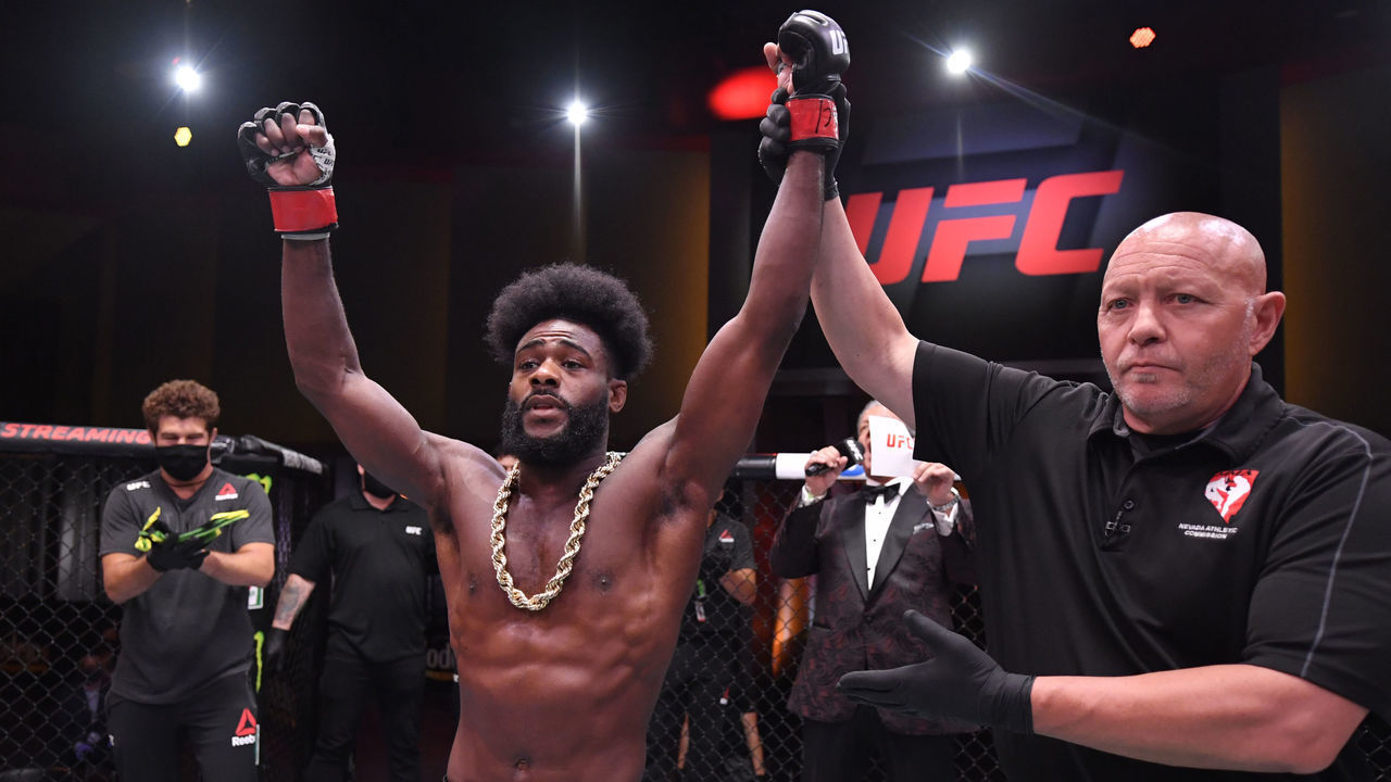 LAS VEGAS, NEVADA - JUNE 06: Aljamain Sterling celebrates after his submission victory over Cory Sandhagen in their bantamweight bout during the UFC 250 event at UFC APEX on June 06, 2020 in Las Vegas, Nevada.