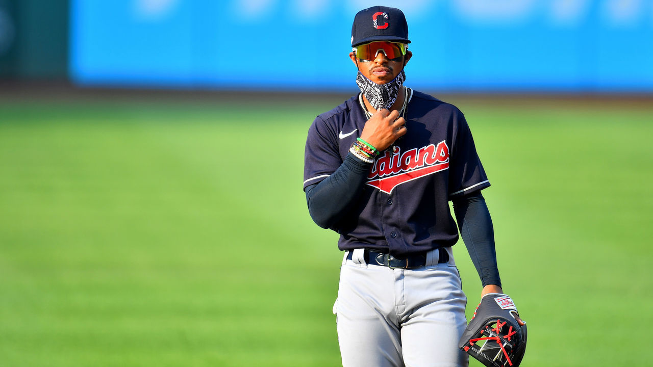 CLEVELAND, OHIO - JULY 09: Francisco Lindor #12 of the Cleveland Indians warms up on the field wearing a face mask prior to an intrasquad game during summer workouts at Progressive Field on July 09, 2020 in Cleveland, Ohio.