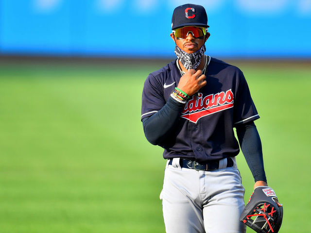 CLEVELAND, OHIO - JULY 09: Francisco Lindor #12 of the Cleveland Indians warms up on the field wearing a face mask prior to an intrasquad game during summer workouts at Progressive Field on July 09, 2020 in Cleveland, Ohio.