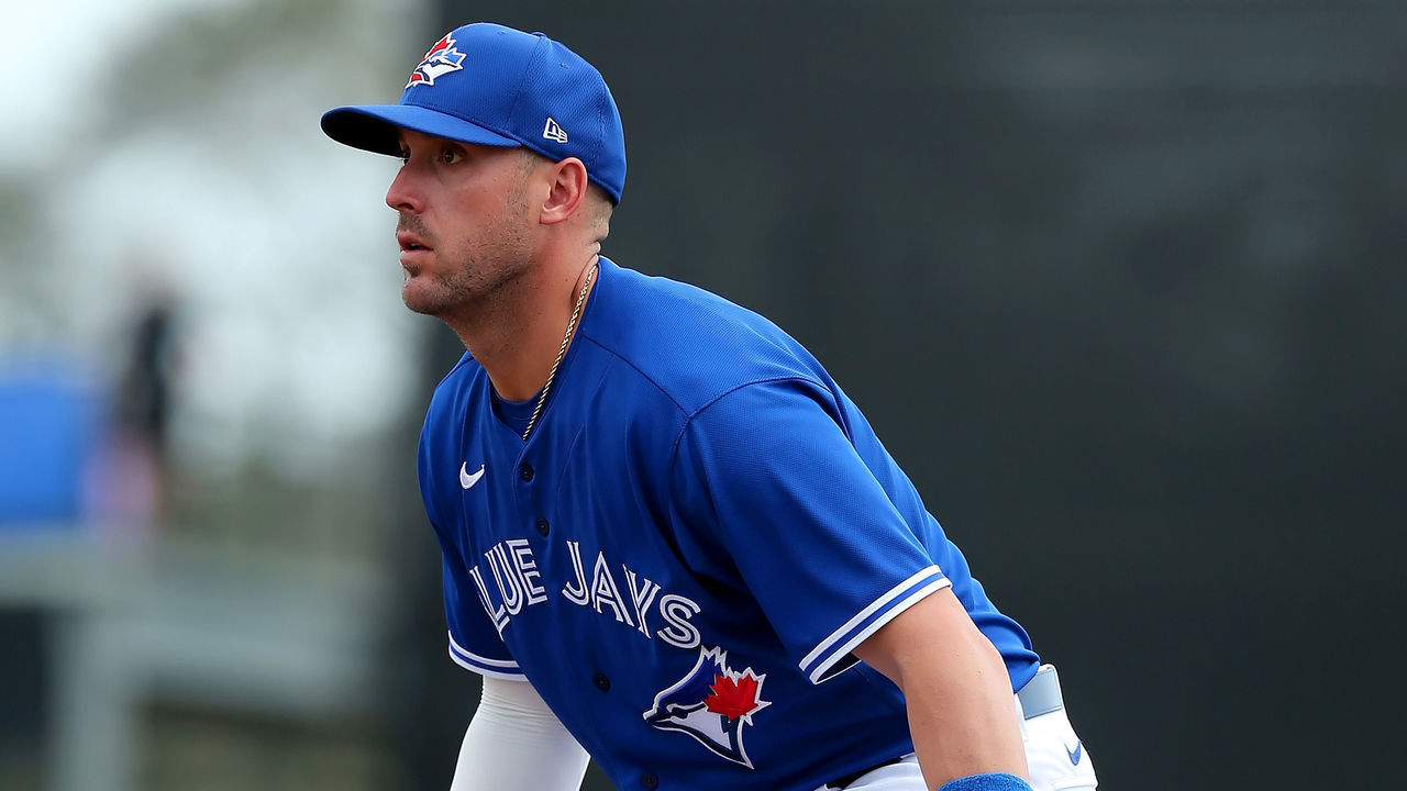 DUNEDIN, FL - FEBRUARY 25: Travis Shaw (6) of the Blue Jays playing first base during the spring training game between the New York Yankees and the Toronto Blue Jays on February 25, 2020, at the Dunedin Stadium in Dunedin, FL.