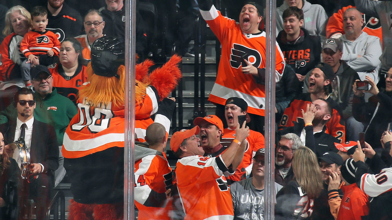 PHILADELPHIA, PA - FEBRUARY 18: Gritty, the mascot of the Philadelphia Flyers entertains the crowd during an NHL game against the Columbus Blue Jackets on February 18, 2020 at the Wells Fargo Center in Philadelphia, Pennsylvania.