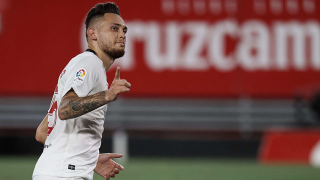 Lucas Ocampos of Sevilla celebrates after scoring his sides first goal during the Liga match between Sevilla FC and RCD Mallorca at Estadio Ramon Sanchez Pizjuan on July 12, 2020 in Seville, Spain.