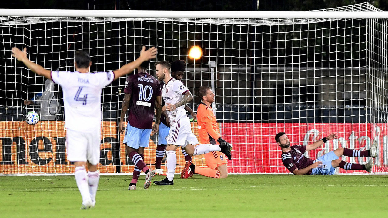 REUNION, FLORIDA - JULY 12: Players react after a goal by Albert Rusnak #11 of Real Salt Lake during a match against Colorado Rapids in the MLS Is Back Tournament at ESPN Wide World of Sports Complex on July 12, 2020 in Reunion, Florida.