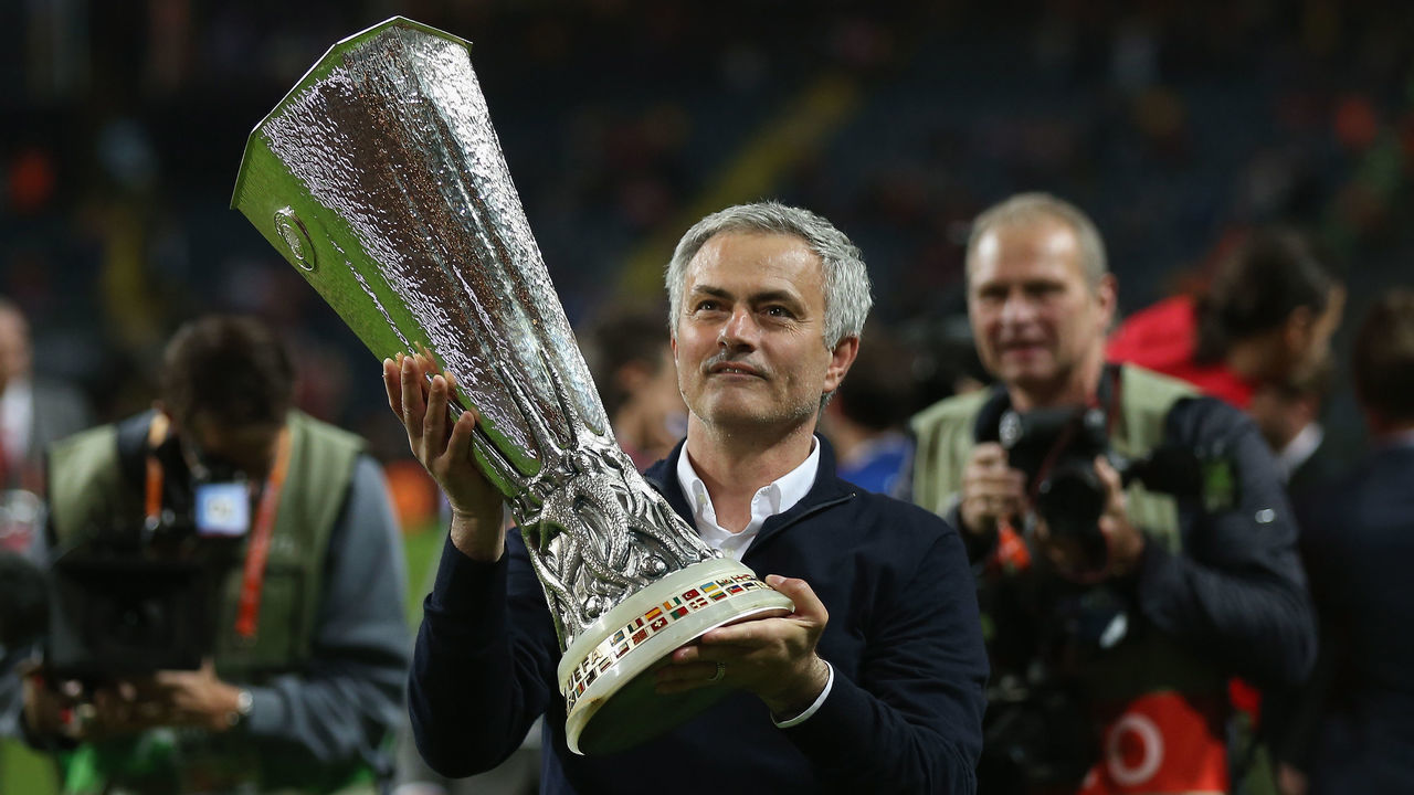 STOCKHOLM, SWEDEN - MAY 24: Jose Mourinho, Manager of Manchester United celebrates with The Europa League trophy after the UEFA Europa League Final between Ajax and Manchester United at Friends Arena on May 24, 2017 in Stockholm, Sweden.