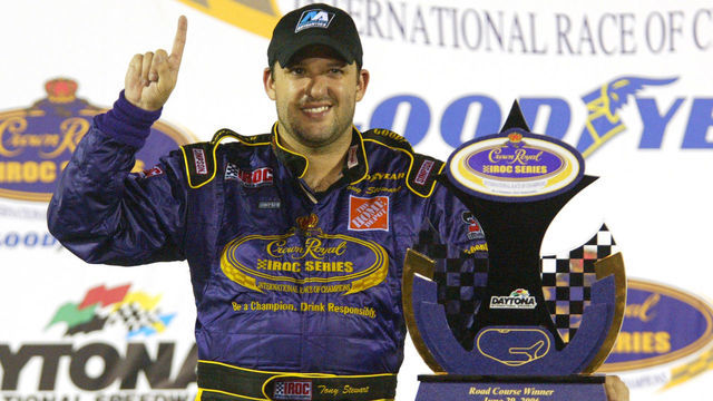 Tony Stewart celebrates after winning the 2006 Crown Royal IROC Series Race #3 on the road course of the Daytona International Speedway in Daytona, Florida on June 29, 2006.