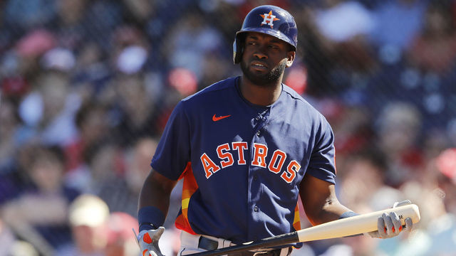 WEST PALM BEACH, FLORIDA - FEBRUARY 23: Yordan Alvarez #44 of the Houston Astros reacts against the Washington Nationals during a Grapefruit League spring training game at FITTEAM Ballpark of The Palm Beaches on February 23, 2020 in West Palm Beach, Florida.