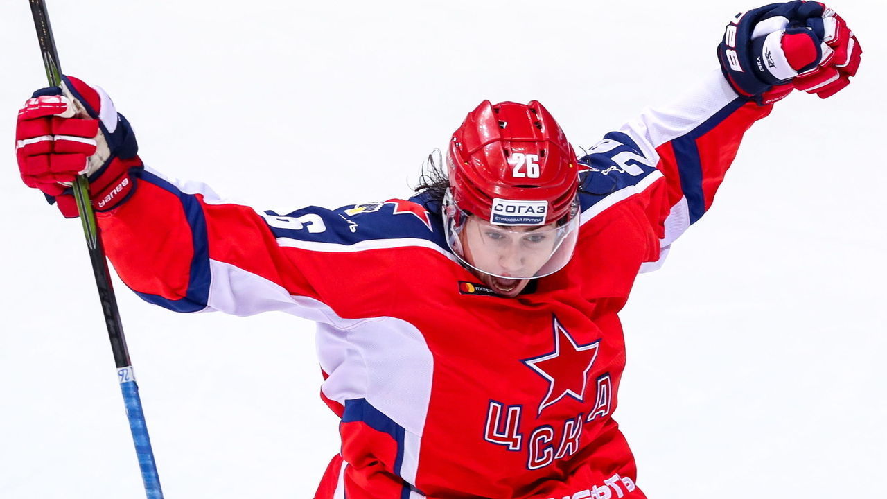MOSCOW, RUSSIA - JANUARY 31, 2019: CSKA Moscow's Alexander Romanov celebrates after scoring in the 2018/19 KHL Regular Season ice hockey match between CSKA Moscow and Ak Bars Kazan at CSKA Arena. Sergei Savostyanov/TASS