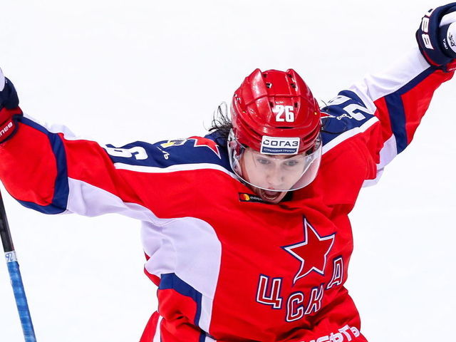 MOSCOW, RUSSIA - JANUARY 31, 2019: CSKA Moscow's Alexander Romanov celebrates after scoring in the 2018/19 KHL Regular Season ice hockey match between CSKA Moscow and Ak Bars Kazan at CSKA Arena. Sergei Savostyanov/TASS