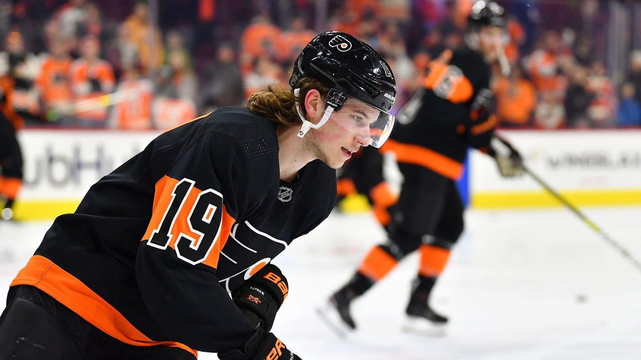 PHILADELPHIA, PA - FEBRUARY 09: Philadelphia Flyers center Nolan Patrick (19) warms up before the NHL hockey game between the Anaheim Ducks and the Philadelphia Flyers on February 09, 2019 at the Wells Fargo Center in Philadlephia PA.
