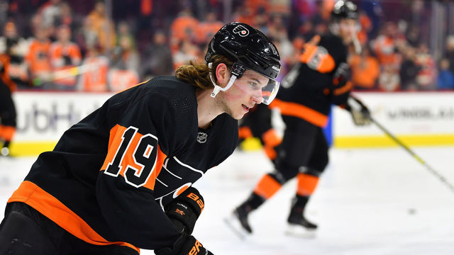 PHILADELPHIA, PA - FEBRUARY 09: Philadelphia Flyers center Nolan Patrick (19) warms up before the NHL hockey game between the Anaheim Ducks and the Philadelphia Flyers on February 09, 2019 at the Wells Fargo Center in Philadlephia PA.