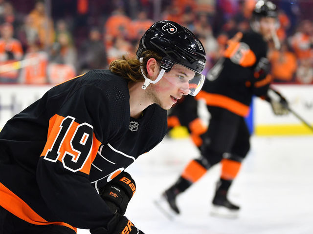 PHILADELPHIA, PA - FEBRUARY 09: Philadelphia Flyers center Nolan Patrick (19) warms up before the NHL hockey game between the Anaheim Ducks and the Philadelphia Flyers on February 09, 2019 at the Wells Fargo Center in Philadlephia PA.