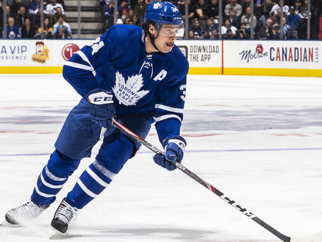 TORONTO, ON - FEBRUARY 20: Auston Matthews #34 of the Toronto Maple Leafs skates against the Pittsburgh Penguins during the first period at the Scotiabank Arena on February 20, 2020 in Toronto, Ontario, Canada.
