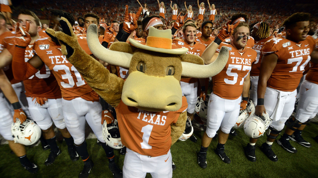 AUSTIN, TX - AUGUST 31: Texas Longhorns mascot "Hook 'em" leads the team in singing the "Eyes of Texas" after 45 - 14 win over the Louisiana Tech Bulldogs on August 31, 2019, at Darrell K Royal-Texas Memorial Stadium in Austin, Texas.