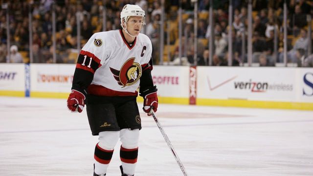 BOSTON - NOVEMBER 11: Daniel Alfredsson #11 of the Ottawa Senators looks on during the game against the Boston Bruins on November 11, 2006 at TD Banknorth Garden in Boston, Massachusetts. The Bruins won 4-3.
