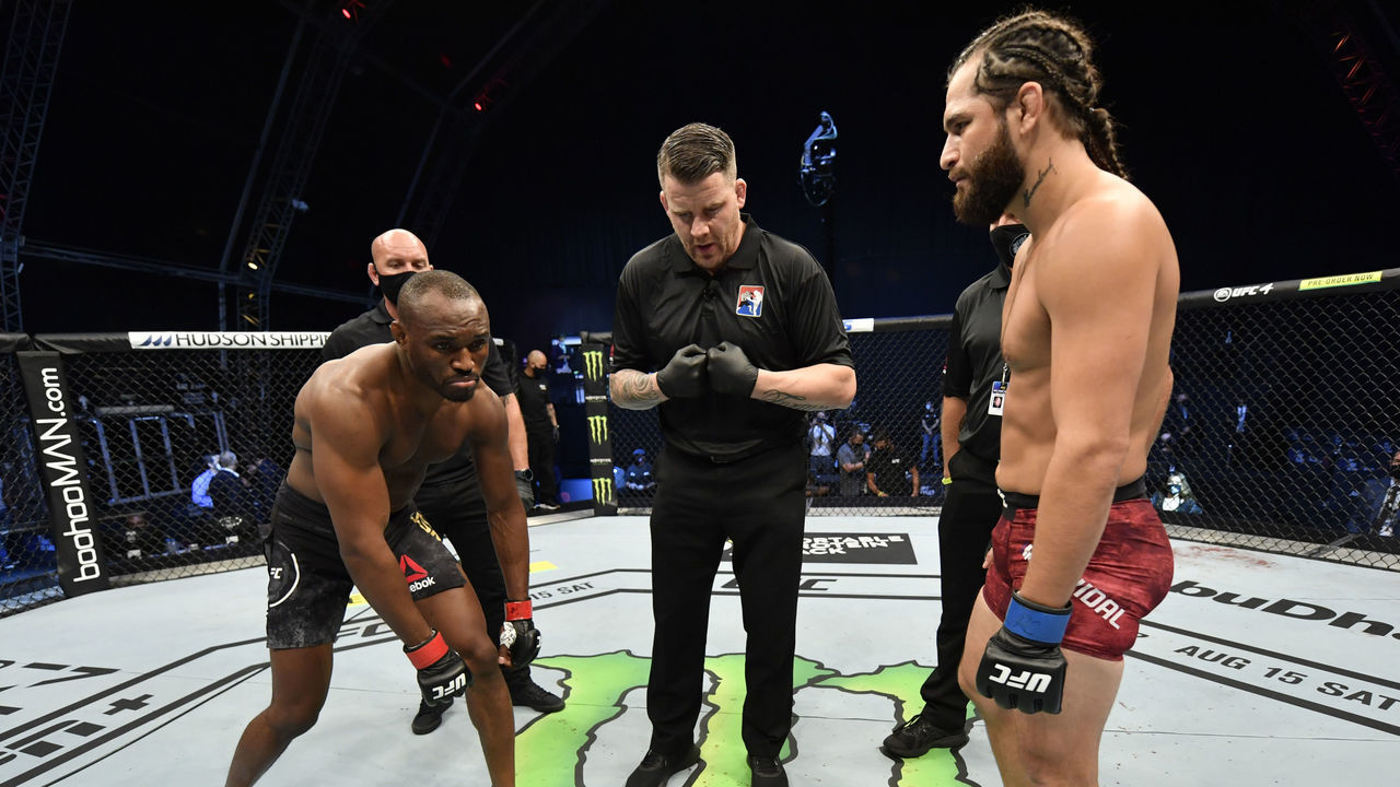 ABU DHABI, UNITED ARAB EMIRATES - JULY 12: (L-R) Opponents Kamaru Usman of Nigeria and Jorge Masvidal face off prior to their UFC welterweight championship fight during the UFC 251 event at Flash Forum on UFC Fight Island on July 12, 2020 on Yas Island, Abu Dhabi, United Arab Emirates.