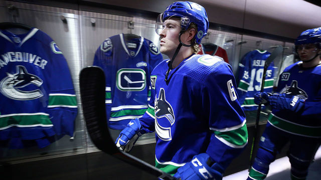 VANCOUVER, BC - MARCH 10: Brock Boeser #6 of the Vancouver Canucks walks out to the ice during their NHL game against the New York Islanders at Rogers Arena March 10, 2020 in Vancouver, British Columbia, Canada. "n