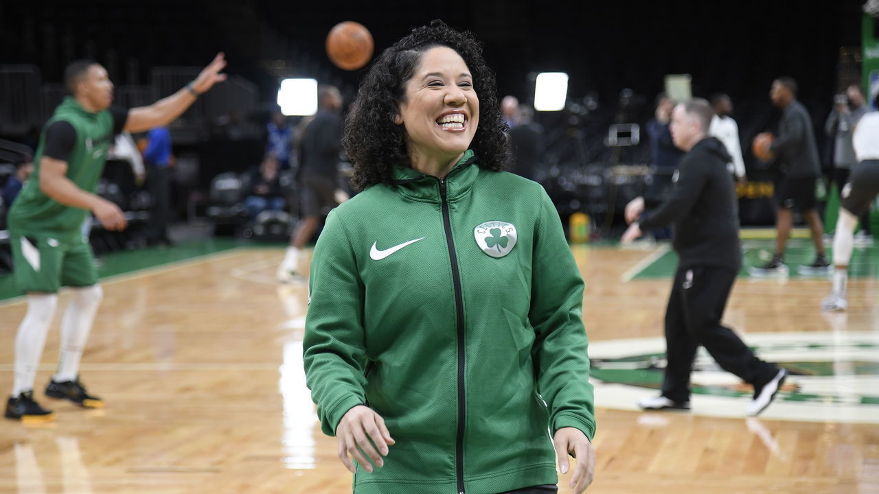 BOSTON, MA - OCTOBER 30: Assistant Coach Kara Lawson of the Boston Celtics smiles prior to a game against the Milwaukee Bucks on October 30, 2019 at the TD Garden in Boston, Massachusetts. Mandatory Copyright Notice: Copyright 2019 NBAE