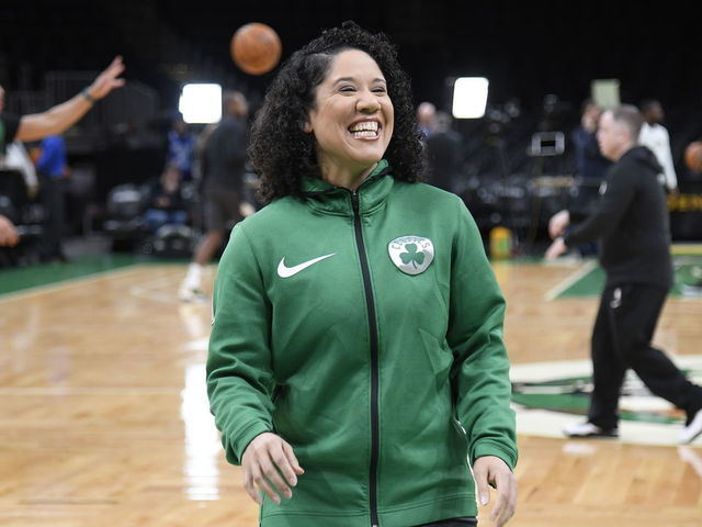 BOSTON, MA - OCTOBER 30: Assistant Coach Kara Lawson of the Boston Celtics smiles prior to a game against the Milwaukee Bucks on October 30, 2019 at the TD Garden in Boston, Massachusetts. Mandatory Copyright Notice: Copyright 2019 NBAE